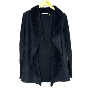 Soft Surroundings Mixed Media Open Front Cardigan Women's Med Black Suede Fur